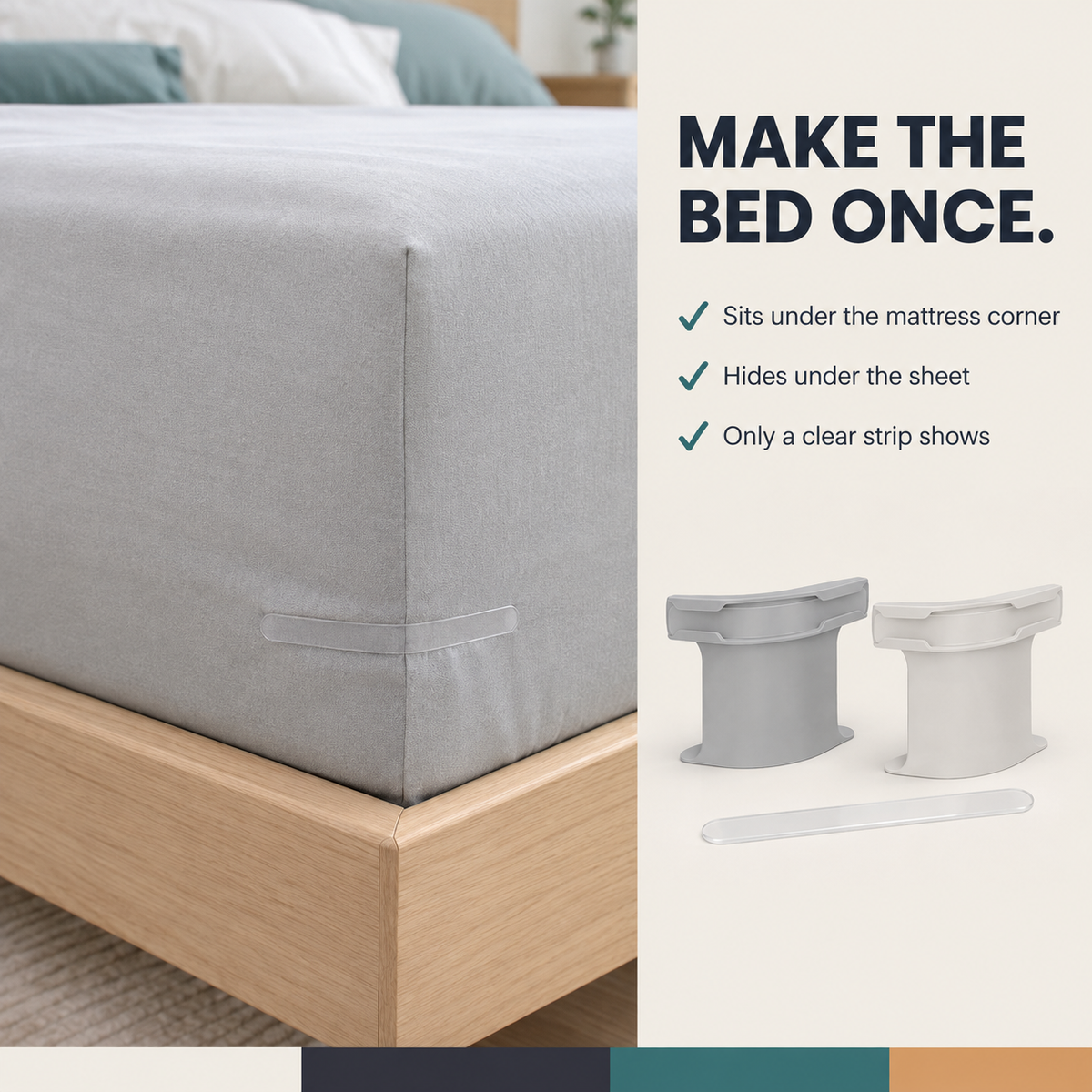 Made bed corner with the gripper hidden under the fitted sheet, only the clear strip shows