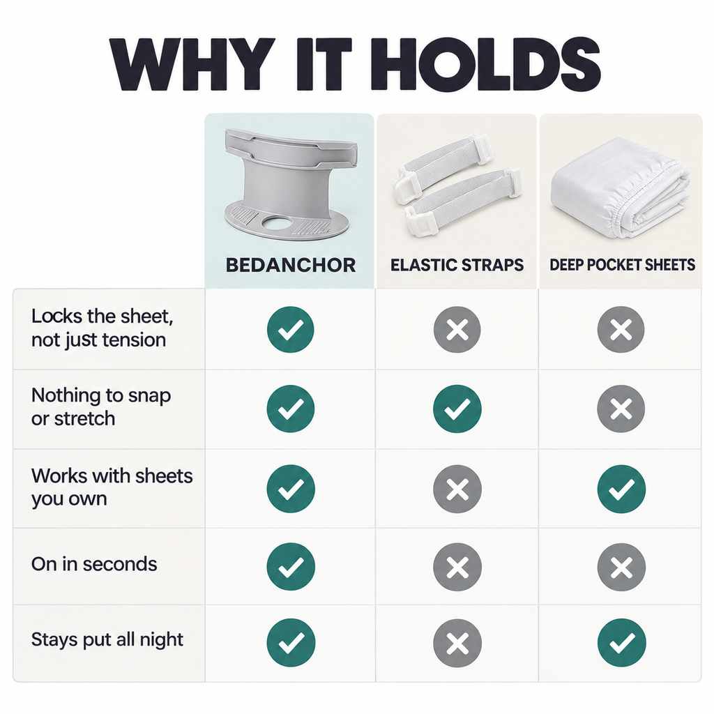BedAnchor compared with elastic straps and deep pocket sheets