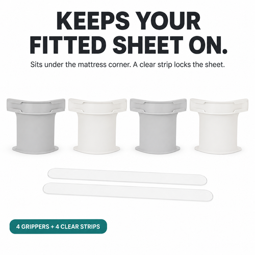 BedAnchor keeps your fitted sheet on: four grippers and four clear strips