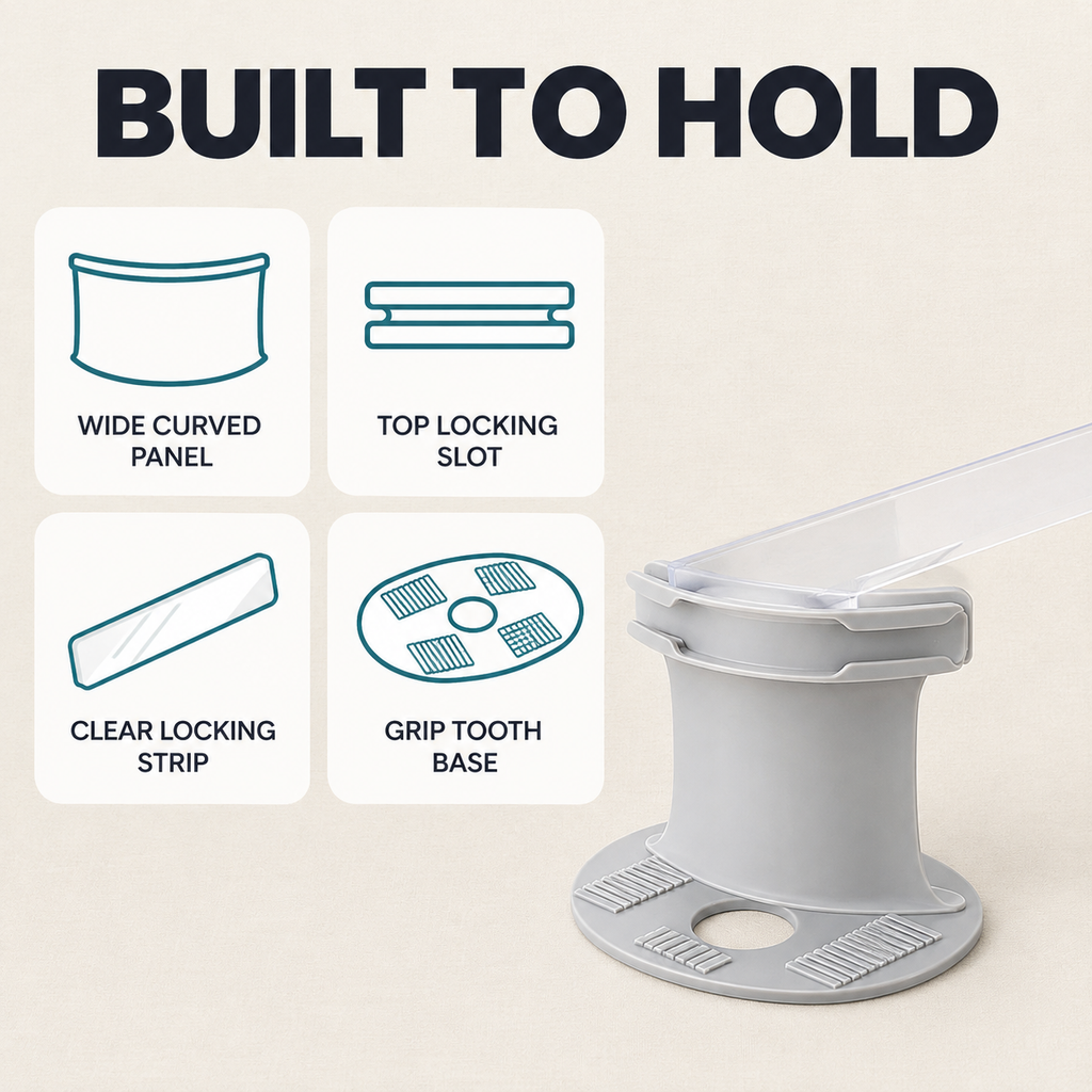 BedAnchor features: wide curved panel, top locking slot, clear locking strip, grip tooth base