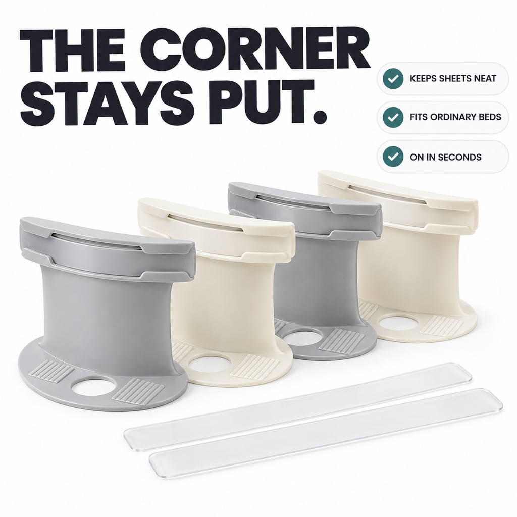 BedAnchor sheet grippers in grey and cream, four per set with clear locking strips