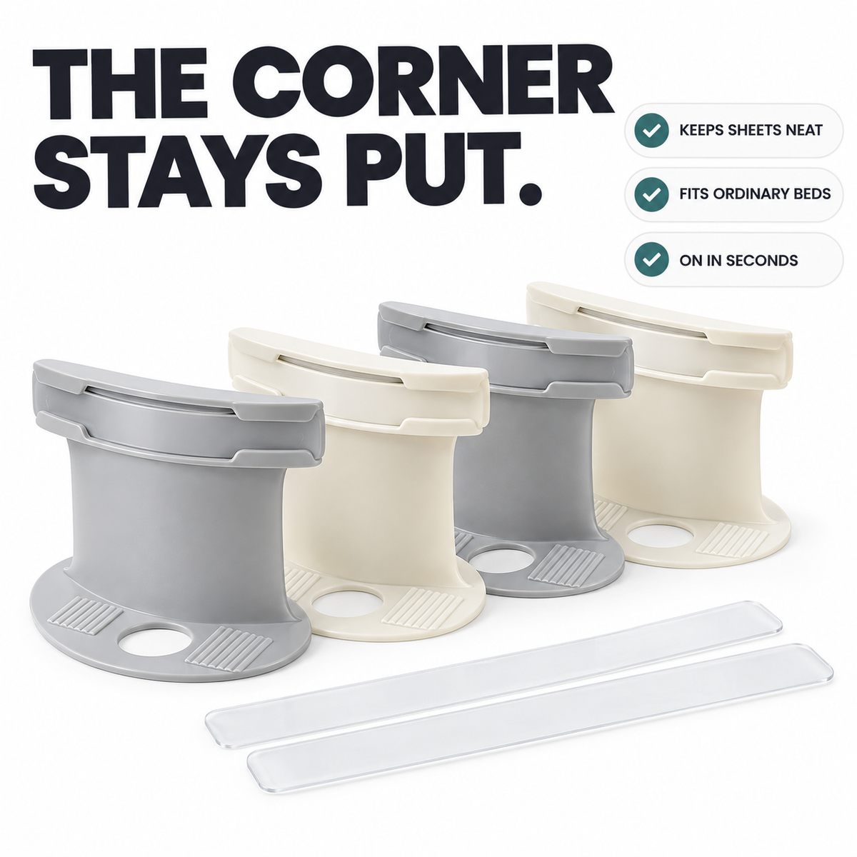 BedAnchor sheet grippers in grey and cream, four per set with clear locking strips